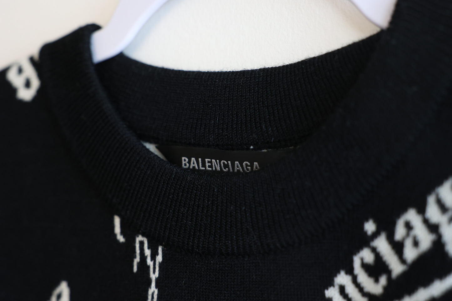 Balenciaga Womans Wool-Blend Sweater in Logo mania Print