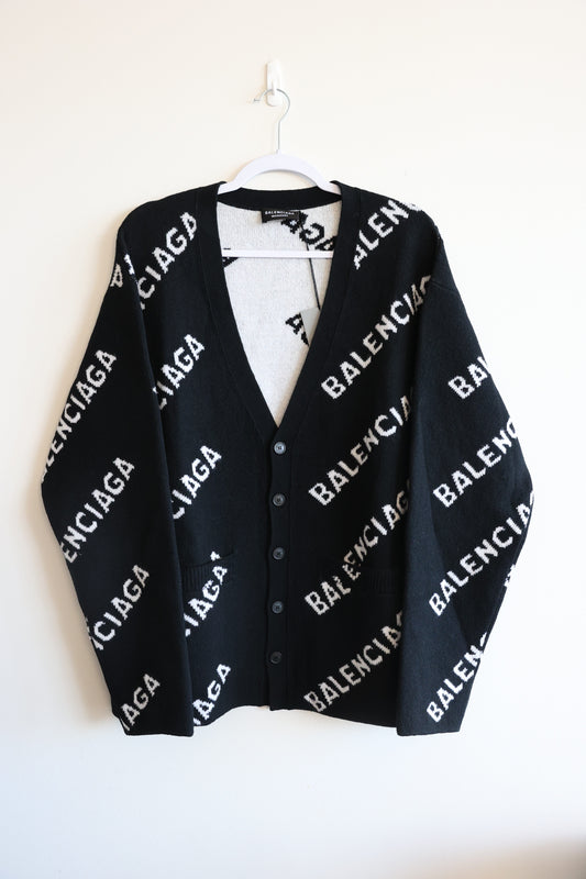 Balenciaga All Over Logo Wool Cardigan