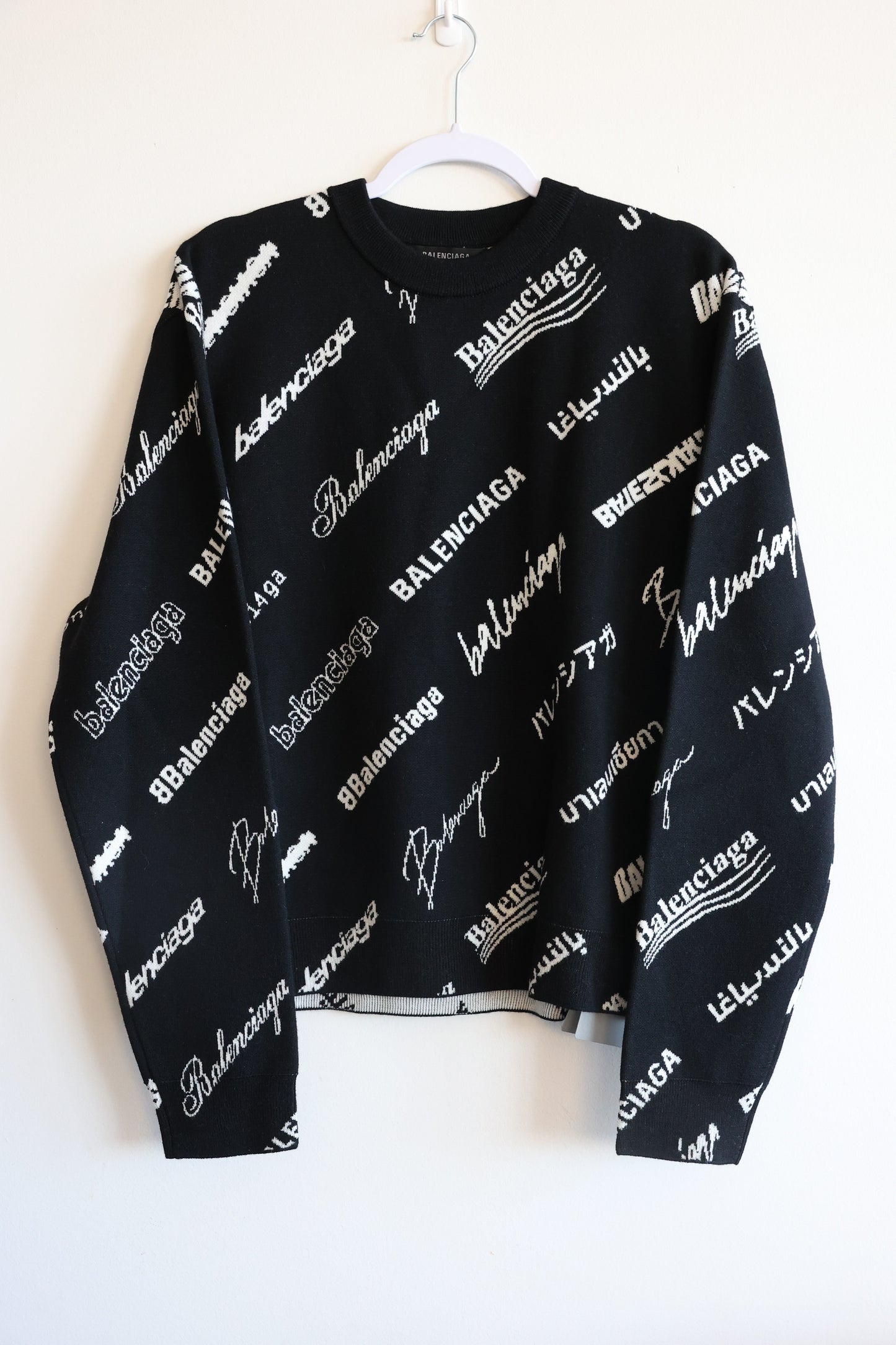 Balenciaga Womans Wool-Blend Sweater in Logo mania Print