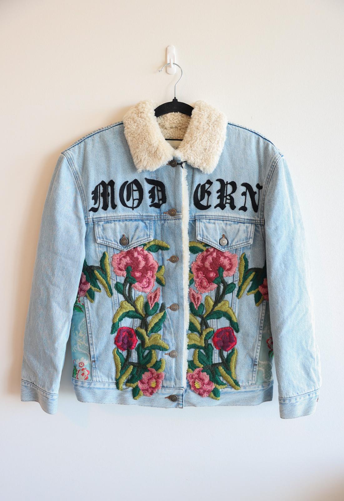 Gucci Embroidered Denim Jacket with Shearling