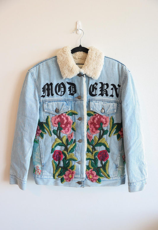 Gucci Embroidered Denim Jacket with Shearling
