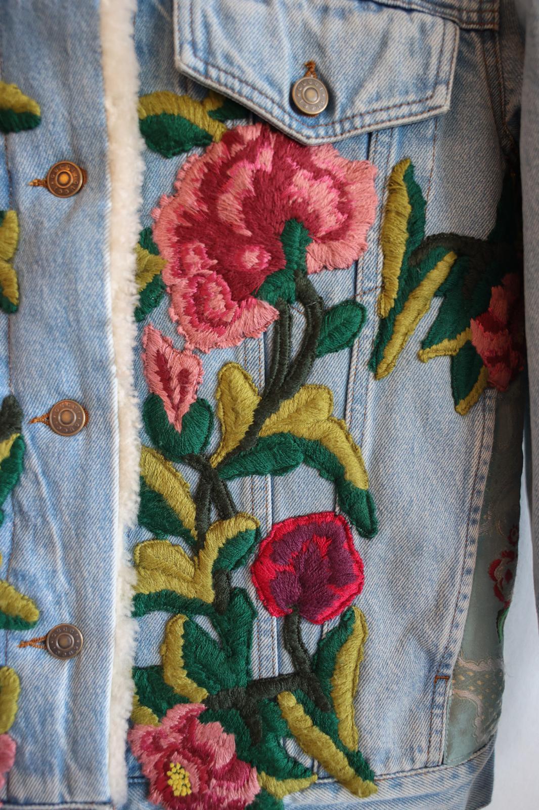 Gucci Embroidered Denim Jacket with Shearling