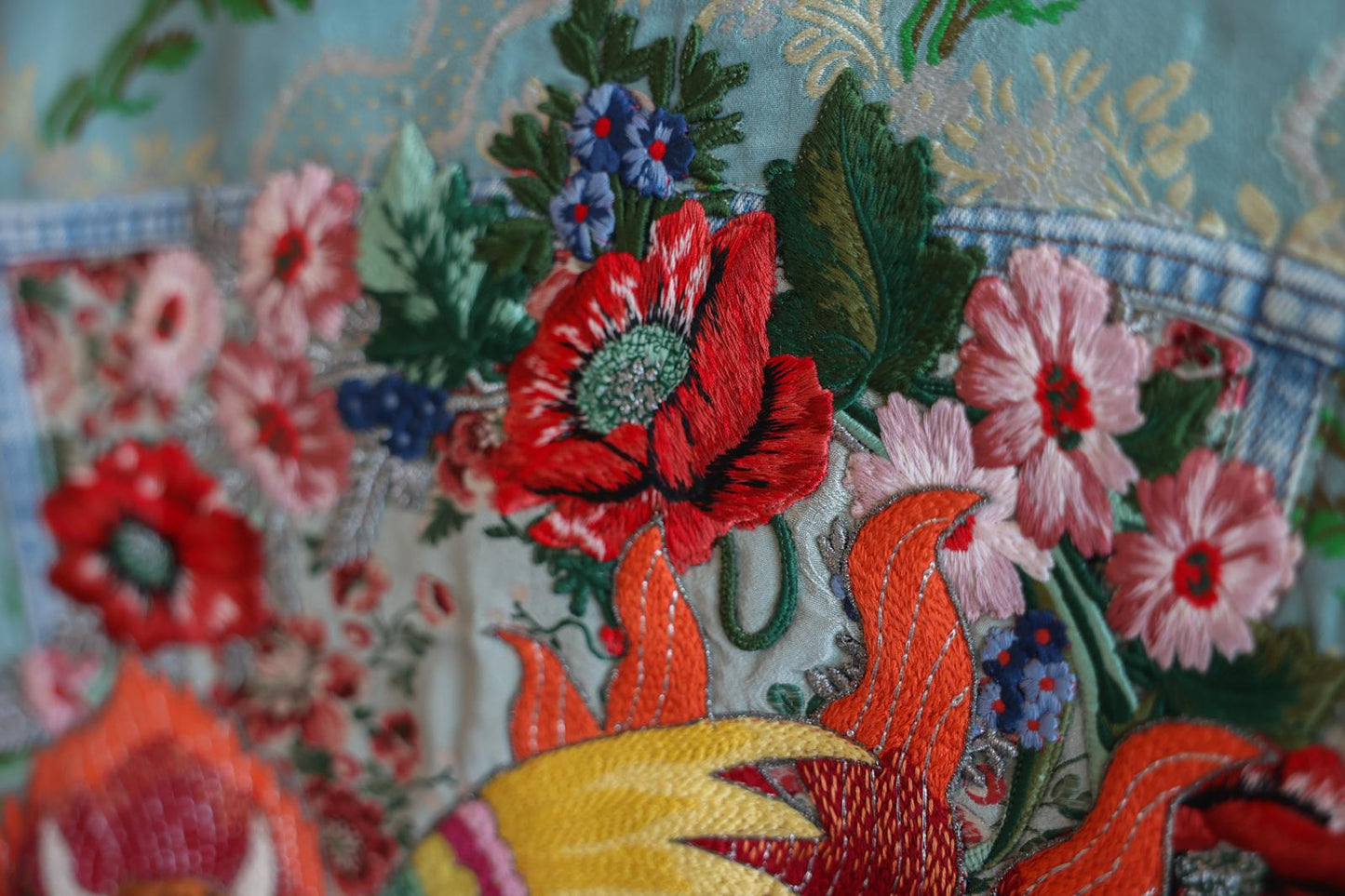 Gucci Embroidered Denim Jacket with Shearling