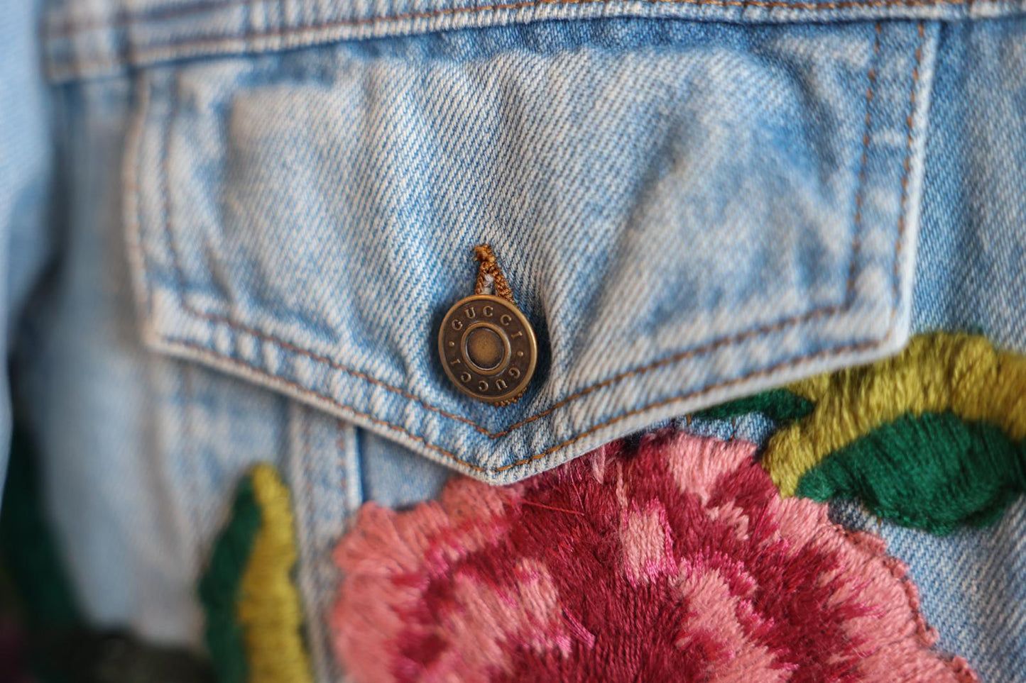 Gucci Embroidered Denim Jacket with Shearling