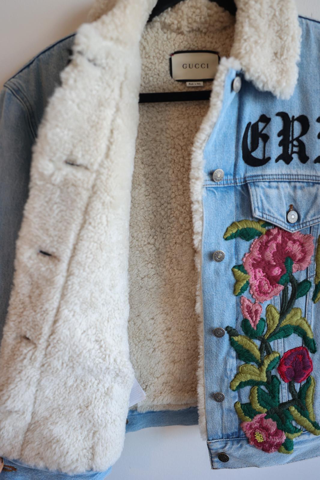 Gucci Embroidered Denim Jacket with Shearling