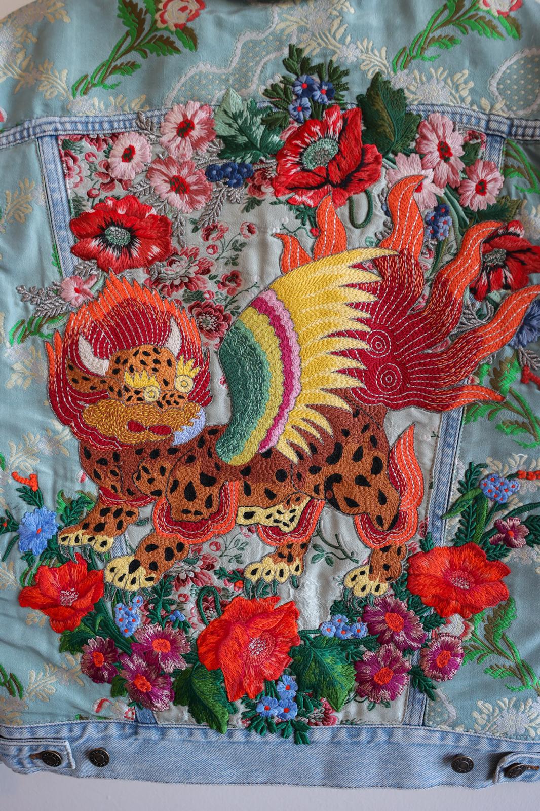 Gucci Embroidered Denim Jacket with Shearling